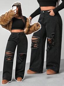 SHEIN MOD Plus Size Women Loose Fit Ripped Wide Leg Boyfriend Jeans, Fall Women Clothes