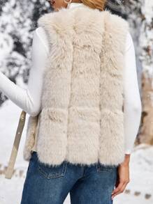 SHEIN LUNE Áo khoác lông thú giả không tay thắt lưng màu trơn LUNE dành cho nữ, thanh lịch cho mùa thu đông ấm áp, áo khoác giữ nhiệt thời tiết lạnh, tuyết, trang phục ngày lễ cho nữ - Màu be - Xem 5