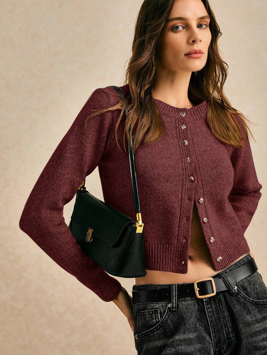 Poéselle 秋冬女士圆领长袖单排扣休闲短款羊毛针织厚开衫、短款套头衫、可爱套头衫、秋季女装、外出上衣、商务休闲女士、秋季毛衣、办公室装、基本款毛衣 - 酒紅色 - 查看 1