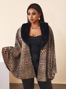 Zolique Women Regular Leopard Print Patchwork With Furry Collar Cape Outerwear Fall Cloth For Women - Multicolor - View 5