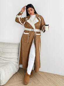Flirla Chaqueta larga de talla grande informal con falso y ribete de pelo