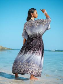 Plus Size Floral Print Long Kimono Cardigan, Minimalist Fashion Casual Everyday Wear Summer - Black - View 1