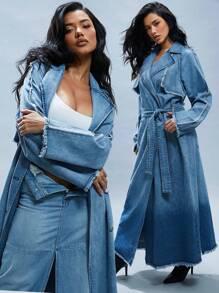 Denimoi Long Line Denim Trench Coat Stylish Simple Casual Daily