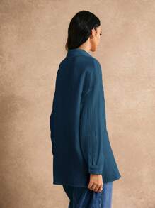 Poéselle 100% Cotton Drop Shoulder Solid Longline Shirt Summer Tops Vacation Clothes - Teal Blue - View 6