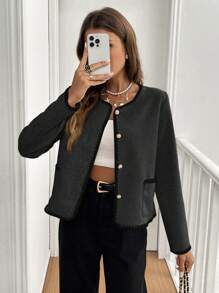 SHEIN Frenchy Contrast Trim Button Front Pocket Long Sleeve Lightweight Jacket - Dark Grey - View 4