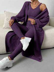 Chiquease 3 Peças Conjunto de Roupas Roxas Femininas: Regata Aveludada de Cor Sólida, Calça Longa, Cardigã Longo Com Bolsos - Roxo - Visão 8