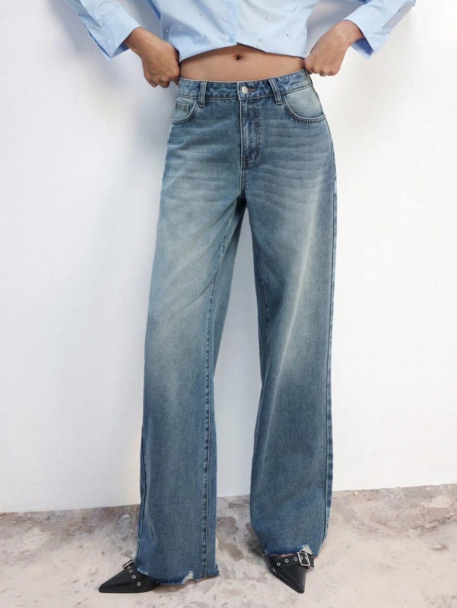 Maija 女式复古破洞中腰阔腿直筒牛仔裤，休闲宽松，适合春夏季 - 藍色 - 查看 1