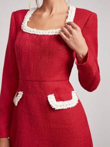 SHEIN Clasi Women's Elegant Pearl Trim Pocket Long Sleeve Tweed Mini Dress For Christmas - Red - View 4