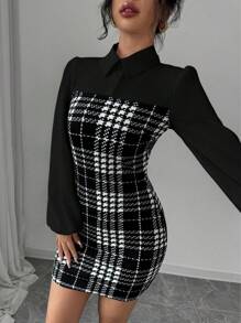 Selianne 女士优雅翻领拼接灯笼袖千鸟格面料长袖连衣裙，秋冬季女装 - 黑色 - 查看 5