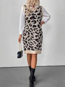 SHEIN Clasi Leopard Pattern Jacquard Sleeveless Knitted Casual Dress, Autumn/Winter