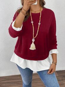 SHEIN LUNE Áo nỉ chui đầu cổ tròn rộng rãi màu đen và trắng 2 trong 1 dành cho nữ cỡ lớn cho quần áo năm mới - Đỏ - Xem 1