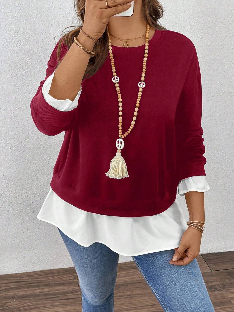 SHEIN LUNE Áo nỉ chui đầu cổ tròn rộng rãi màu đen và trắng 2 trong 1 dành cho nữ cỡ lớn cho quần áo năm mới - Đỏ - Xem 1