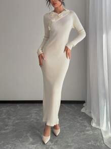 Chiquease Váy dài tay bó sát họa tiết hoa 3D thanh lịch giản dị dành cho nữ, mùa thu/đông - Màu be - Xem 1
