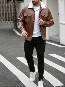 Manfinity Homme Chaqueta casual de otoño/invierno para hombre, con cuello de sherpa y color block en piel de imitación