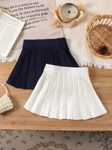 2pcs Baby Girl Pleated Skirt, Multi-Color Matching Simple Design Sweater Dress, Suitable For Autumn/Winter Seasons - Multicolor - View 1