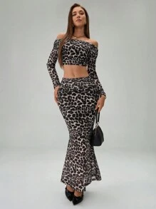 Chiquease Women's Chic Leopard Print Off Shoulder Top & Low Waist Fishtail Skirt - Multicolor - View 3