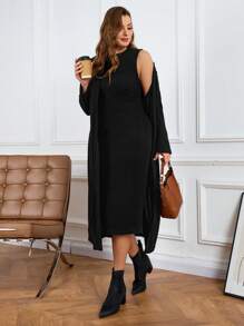 SHEIN LUNE Set de 2 piezas de mujer de talla grande con cárdigan rizado de color albaricoque y vestido para otoño e invierno, ideal para viajes, aeropuerto, vacaciones, año nuevo y cumpleaños