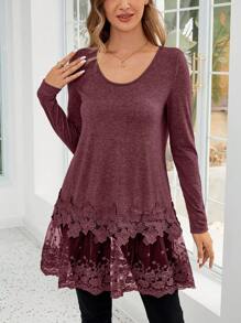 EMERY ROSE 1pc Women's Solid Color Round Neck Lace Patchwork Casual Versatile Long Sleeve T-Shirt