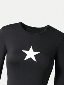 SHEIN Explorewe Teenage Girls Two-Piece Set With Slim Fit PU Leather Jacket And Star Print Snug Fit Dress, Snug Fit - Black - View 5