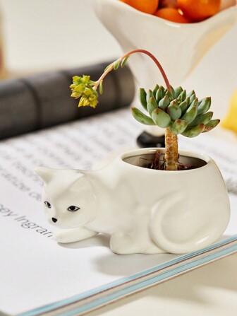 Joivida 1 pièce Vase en céramique blanche avec un design de queue de chaton animal de bande dessinée, ornement de décoration de bureau parfait pour la maison, le bureau et le dortoir, idéal comme pot de plante grasse ou de cactus, un excellent cadeau pour créer, rafraîchir le printemps, les essentiels de dortoir, la rentrée scolaire, la décoration de table Rama