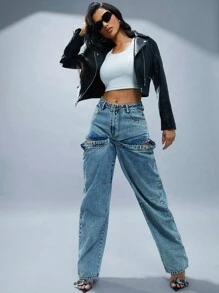 Denimoi Adjustable Snaps Cut Out Jeans Baggy Jeans Relaxed Fit Jeans Denim - Light Wash - View 2