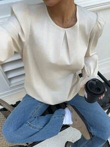 SHEIN Essnce 女士长袖衬衫 后系带泡泡长袖宽松衬衫 白领衬衫 商务/办公装 时尚衬衫 女装 杏色长袖衬衫 - 杏色 - 查看 4