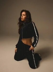 Athîral 2 Stücke Damen Lässig Kontrast Saum Crop Top und lange Hose Set, Herbst - Schwarz - Übersicht 4