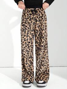1pc Tween Girls Leopard Fleece Straight Leg Casual Pants, Autumn/Winter