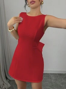 Selianne Elegant Women's Backless Big Bow Boat Neck Sleeveless Mini Dress - Red - View 5