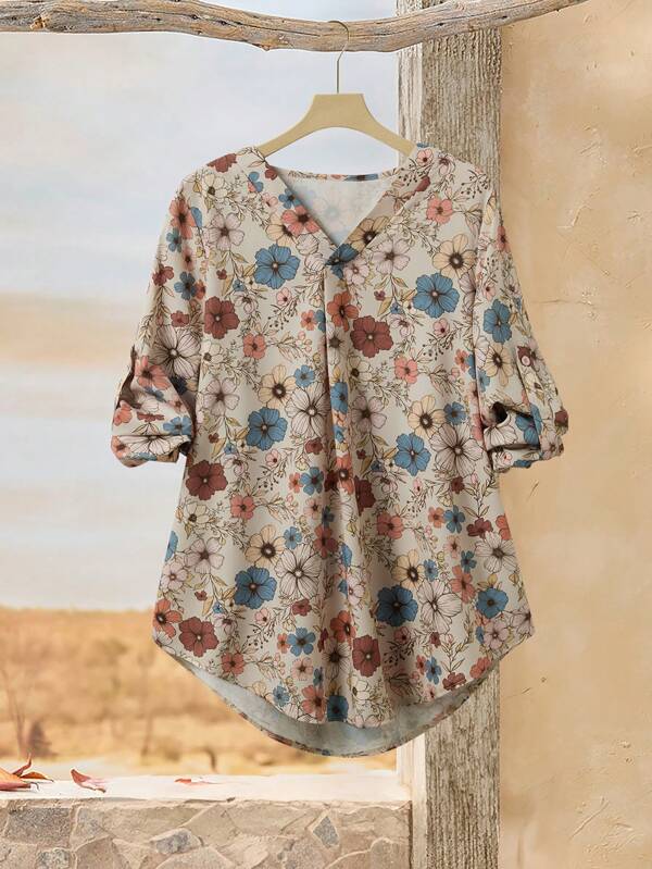 Rusticease Women Casual Floral Print V-Neck Curved Hem Long Sleeve Blouse