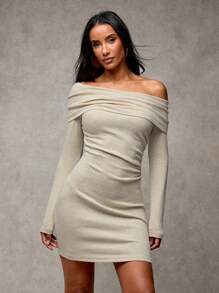 SHEIN BAE 女士杏色纯色保暖舒适羊绒针织褶皱紧身长袖连衣裙，适合秋冬季，非常适合分层搭配、休闲户外、办公室穿着、感恩节、新年前夜、圣诞派对