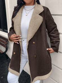 SHEIN LUNE Plus Size Women Casual Composite Coat Thermal Lined Solid Color Simple Fashion Everyday Wear, Suitable For Winter New Years Winter Clothes Women Raves Thanksgiving Women - Coffee Brown - View 5