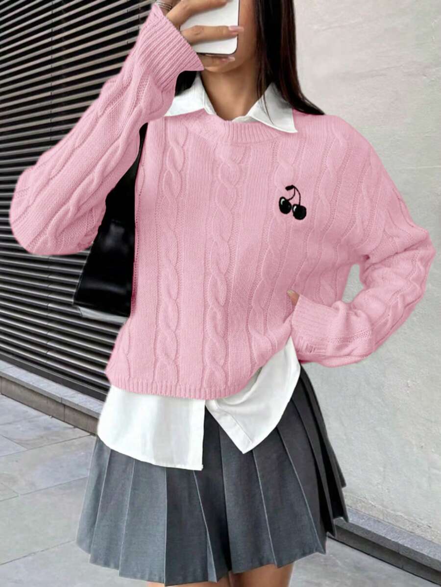 Chiquease 女士简约休闲日常针织套头衫，秋冬款 - 粉色 - 查看 1