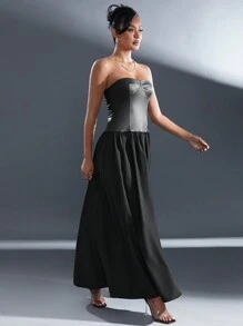 Hauture Vestido de caída de cintura de piel sintética tejida y plisada sin tirantes para otoño y Navidad - Negro - Ver 3