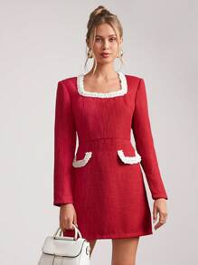 SHEIN Clasi Women's Elegant Pearl Trim Pocket Long Sleeve Tweed Mini Dress For Christmas - Red - View 1