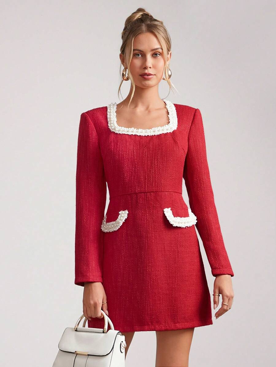 SHEIN Clasi Women's Elegant Pearl Trim Pocket Long Sleeve Tweed Mini Dress For Christmas - Red - View 1