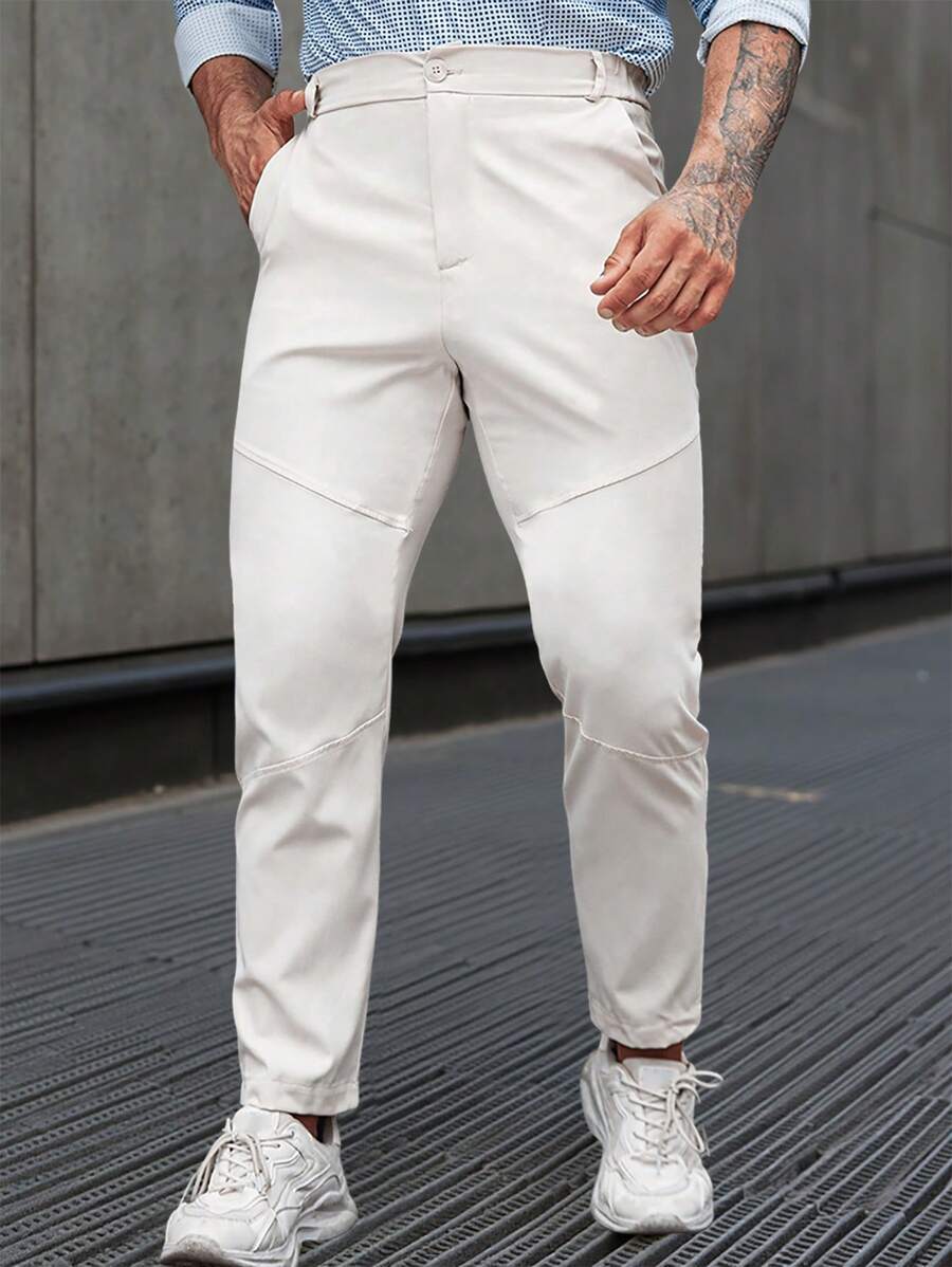 Manfinity Mode Quần âu ống côn màu trơn thường ngày cho nam - Màu be - Xem 1