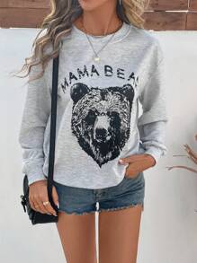 SHEIN LUNE 女士休闲圆领长袖灰色小熊图案卫衣，秋季套头衫 - 灰色 - 查看 4