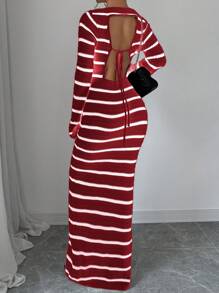 SHEIN ChicEase 女式条纹超长露背系带喇叭袖毛衣连衣裙 - 酒紅色 - 查看 6