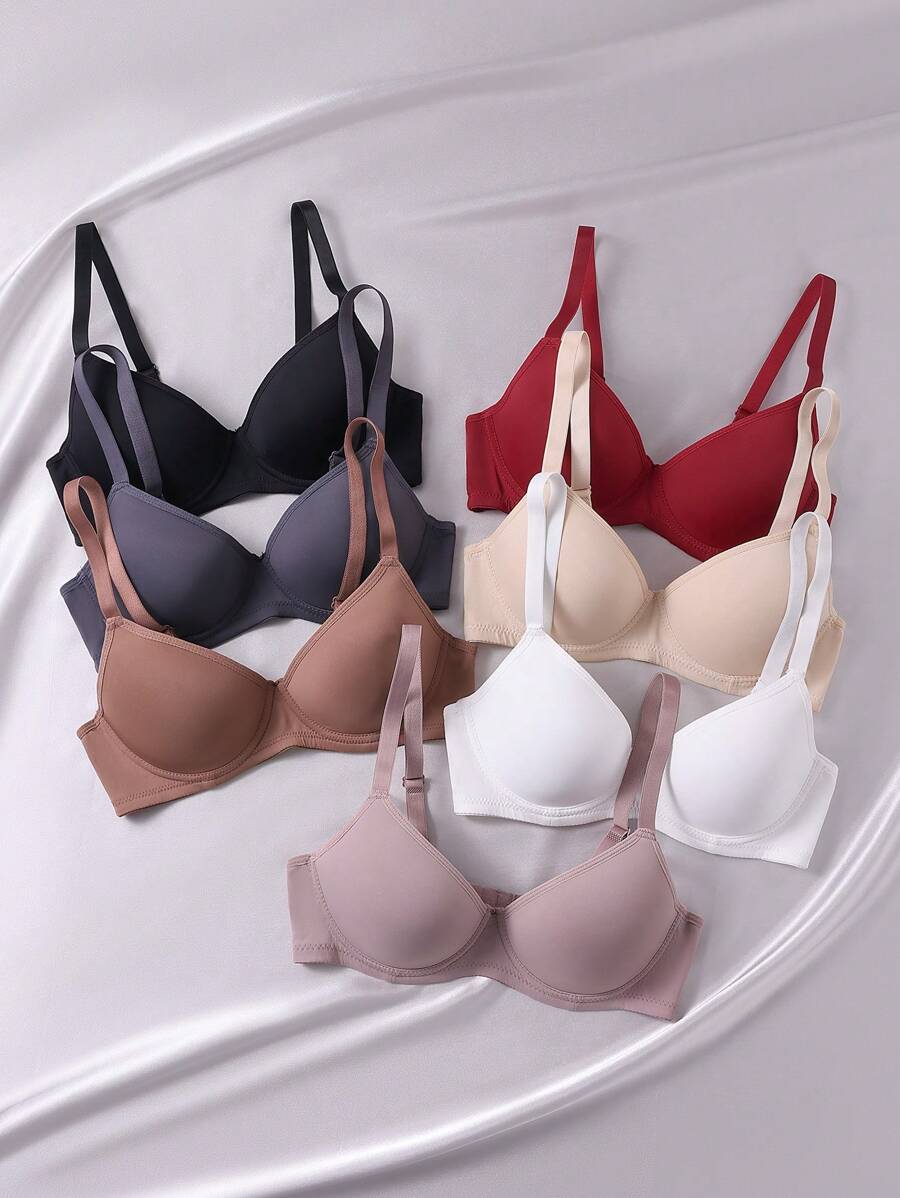 7 Pieces Bras With Steel Rings For Women (Black, White, Wine Red, Khaki, Tan Color Mix) - Multicolor - View 1