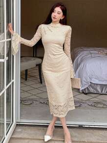 DAZY 女士拼接蕾丝连衣裙，生日舞会礼服，秋季优雅女装 - 米色 - 查看 5