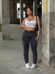 SHEIN ICON Plus Size Vintage Washed Utilty Multi-Pocket Stretch Skinny Fold Pleated Pants - Grey - View 5