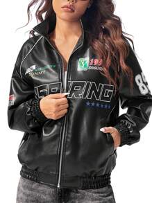 Muchica 女士秋季字母图案落肩飞行员夹克 - 黑色 - 查看 8