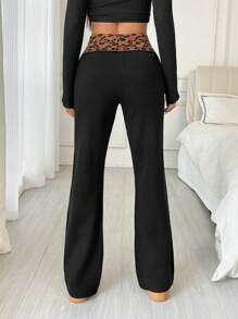 Muchica 女款秋冬新款黑色豹纹拼接高腰喇叭针织裤 - 彩色 - 查看 2