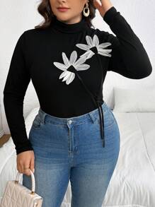 SHEIN Privé Plus Size Women Elegant Turtleneck Long Sleeve Floral Decor T-Shirt, Autumn - Black - View 1