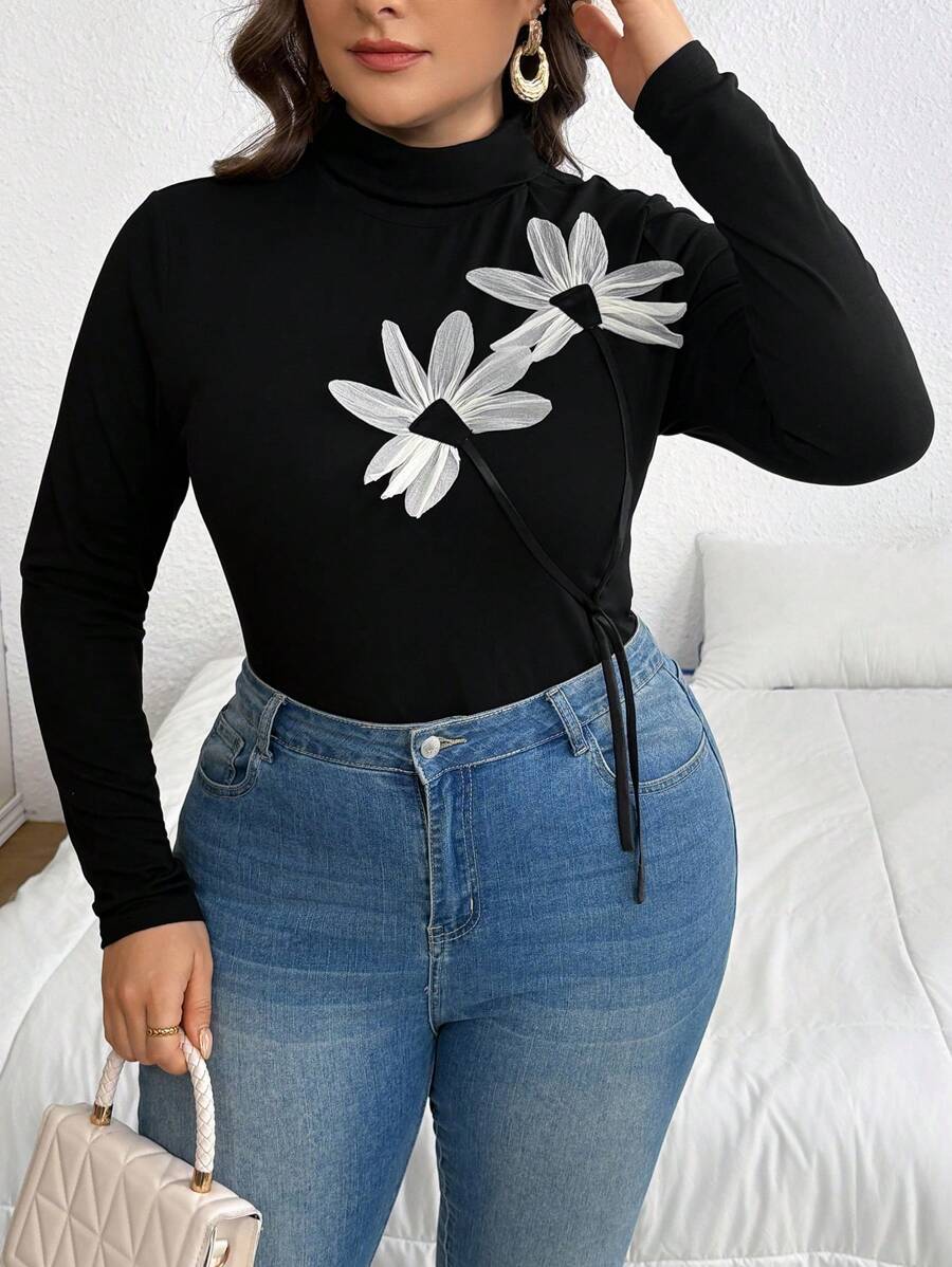 SHEIN Privé Plus Size Women Elegant Turtleneck Long Sleeve Floral Decor T-Shirt, Autumn - Black - View 1