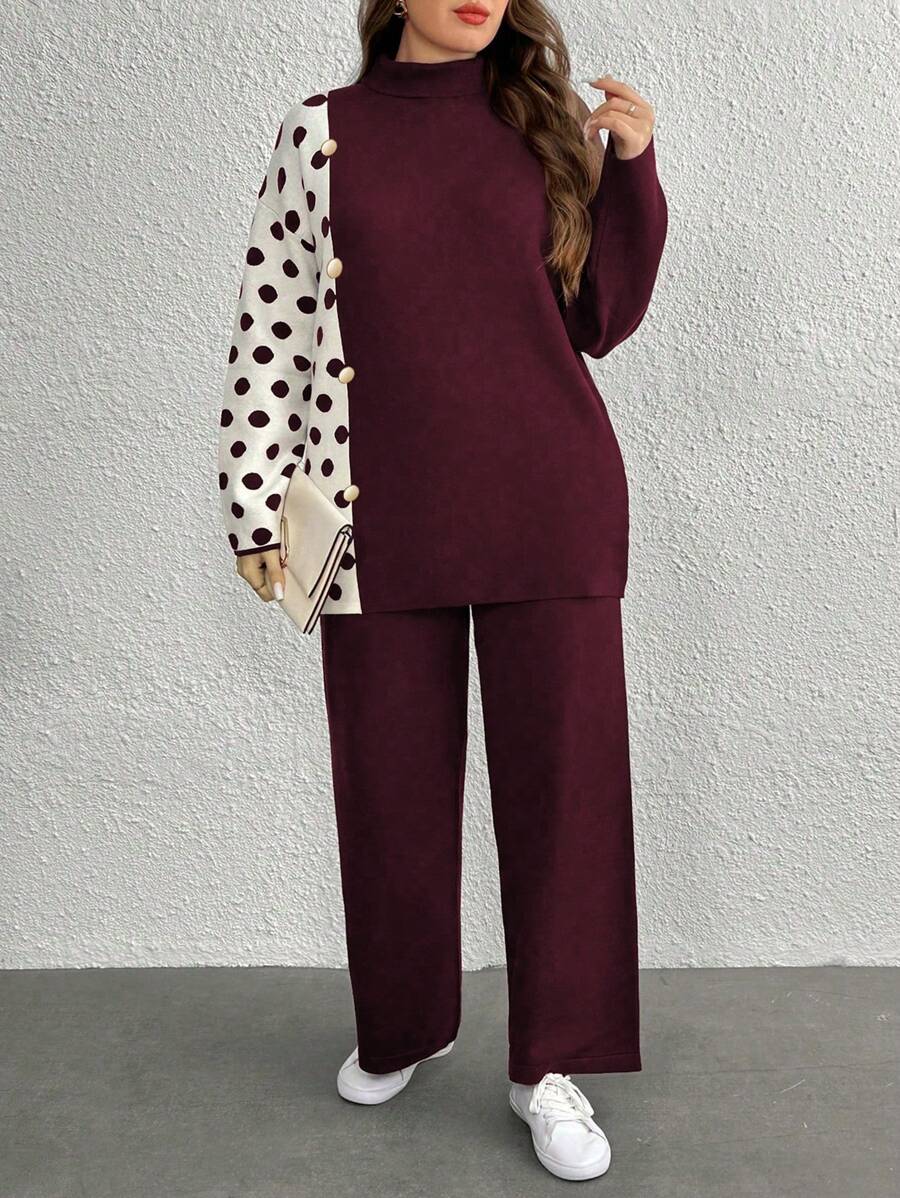 SHEIN LUNE Plus Size Contrast Color Patchwork Polka Dot Knit Sweater & Pants Set, Casual For Autumn/Winter - Burgundy - View 1