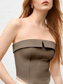 BizChic 1 件女式纯色短款翻领不对称下摆时尚修身上衣 - 棕色 - 查看 6