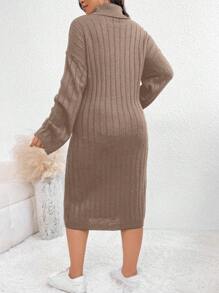 SHEIN Frenchy Plus Size Solid Color Turtleneck Ribbed Split Hem Elegant Long Sleeve Knit Sweater Dress, For Winter