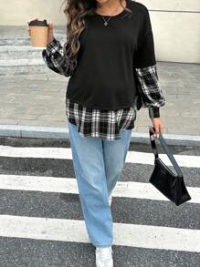 SHEIN 孕妇格子印花圆领休闲百搭长袖运动衫